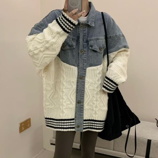 Beaustreet-Collared Striped Washed Cable Knit Panel Denim Button Cardigan