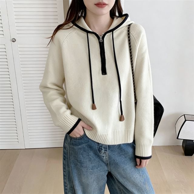 Beaustreet-Contrast Trim Half-Zip Knit Hoodie