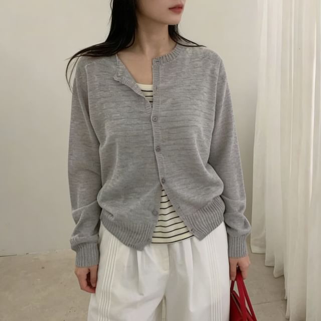 Beaustreet-Crew Neck Button-Up Plain Sheer Cardigan