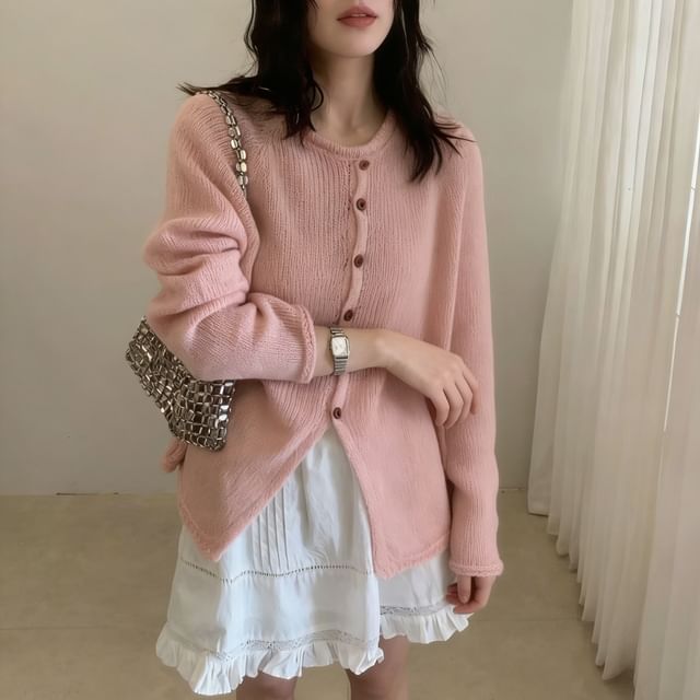 Beaustreet-Crew Neck Button-Up Plain Slit Cardigan