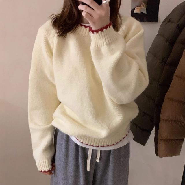 Beaustreet-Crew Neck Contrast Trim Sweater