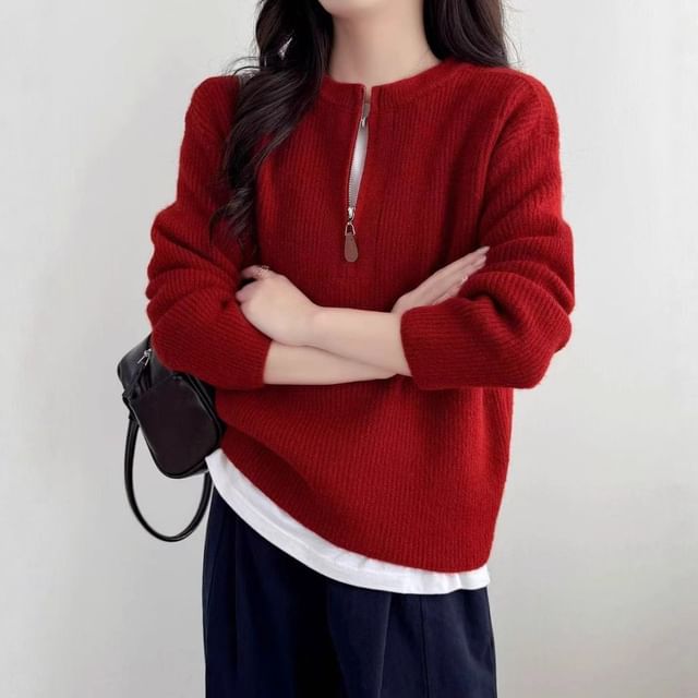 Beaustreet-Crew Neck Half Zip Ribbed Knit Sweater