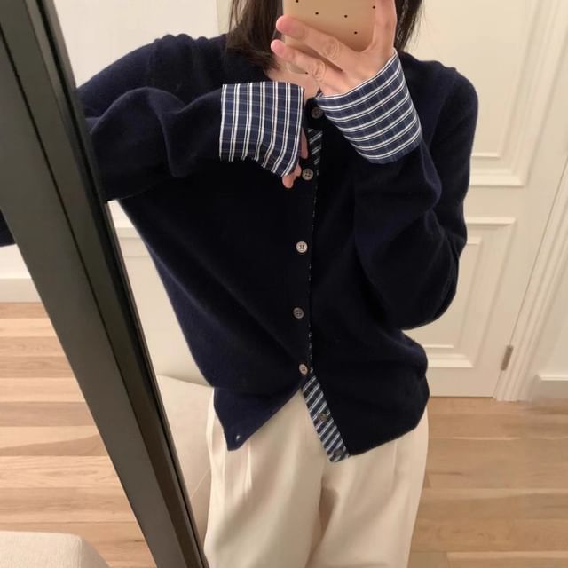 Beaustreet-Crew Neck Plaid Trim Button Cardigan