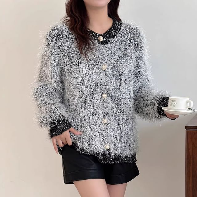 Beaustreet-Crew Neck Plain Fluffy Cardigan