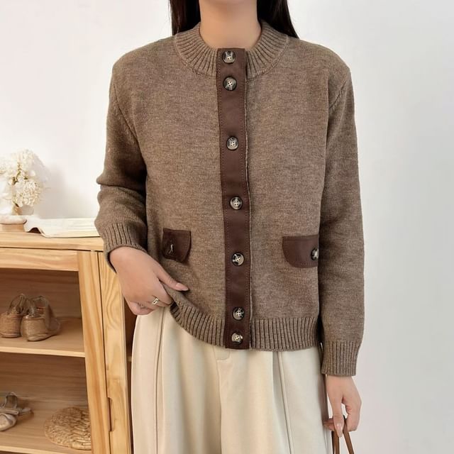 Beaustreet-Crew Neck Plain Patchwork Cardigan