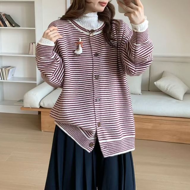 Beaustreet-Crew Neck Striped Button-Up Cardigan