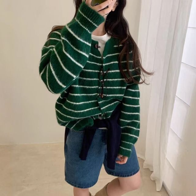 Beaustreet-Crew Neck Striped Button Up Cardigan