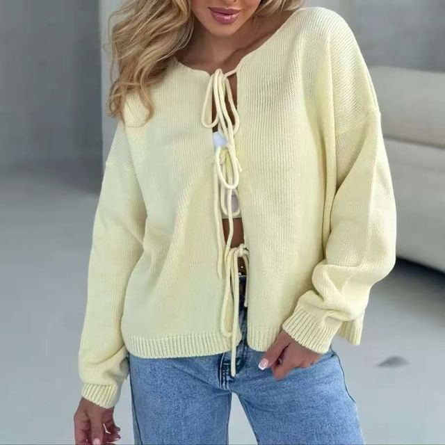 Beaustreet-Crew Neck Tie Front Plain Cardigan