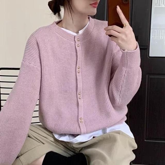 Beaustreet-Crewneck Button-Up Plain Cardigan