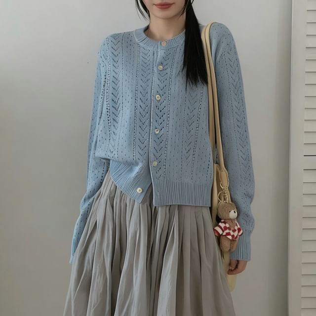 Beaustreet-Crewneck Button-Up Plain Cardigan