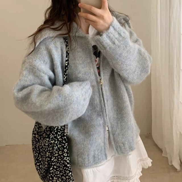 Beaustreet-Double Zip Plain Cardigan