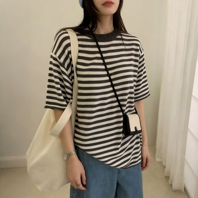 Beaustreet-Elbow-Sleeve Crew Neck Knit Top
