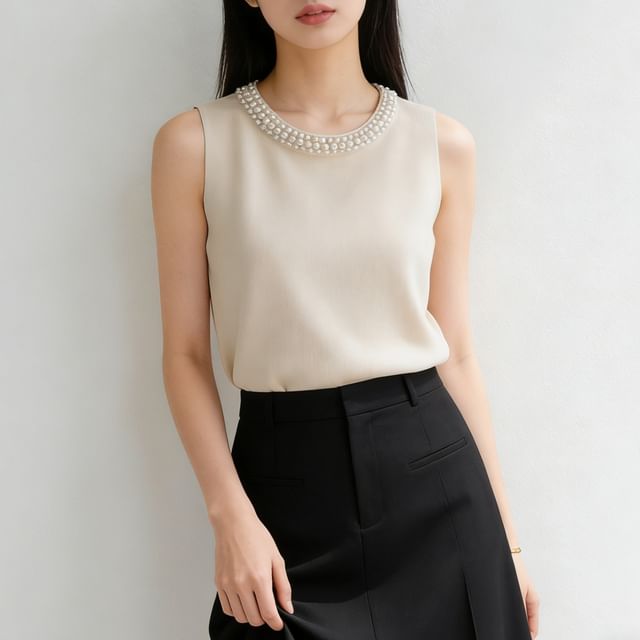 Beaustreet-Faux Pearl Trim Plain Vest