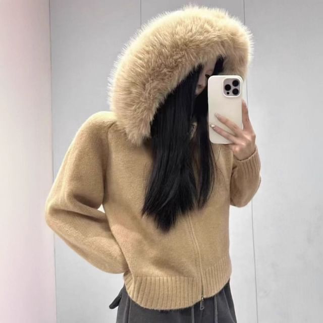 Beaustreet-Fluffy Trim Zip-Up Plain Knit Hoodie