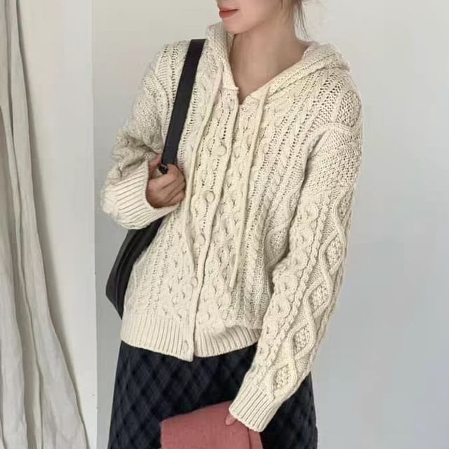 Beaustreet-Hooded Plain Cable Knit Cardigan