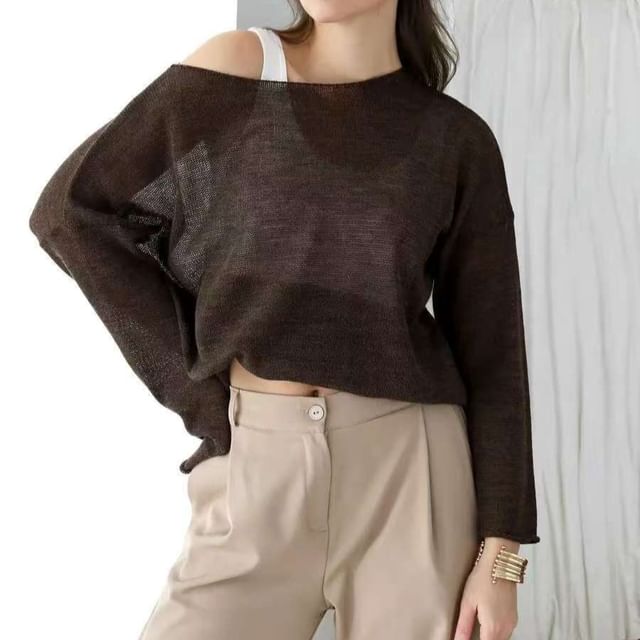 Beaustreet-Long Sleeve Boat Neck Plain Knit Top