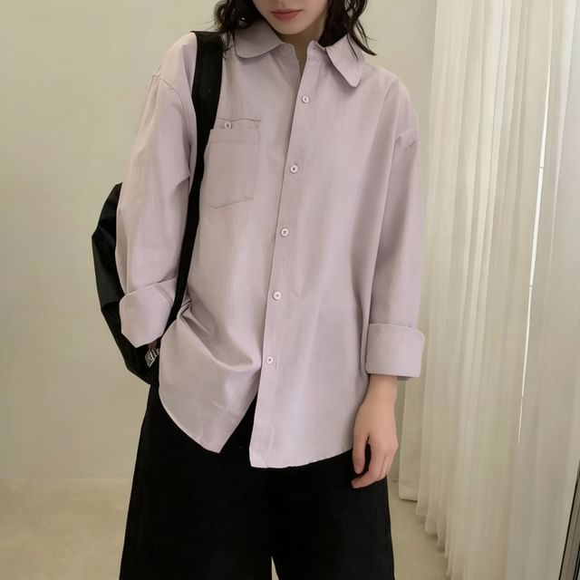 Beaustreet-Long-Sleeve Button-Up Plain Shirt
