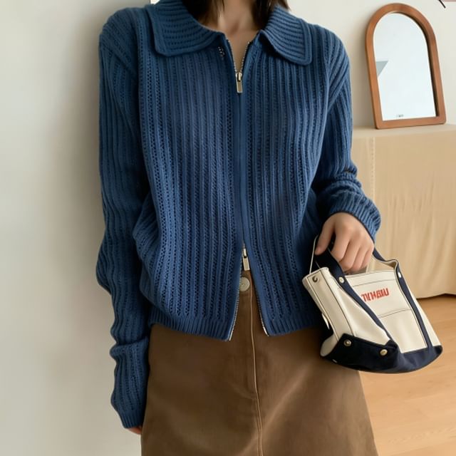 Beaustreet-Long-Sleeve Collared Zip-Up Cardigan