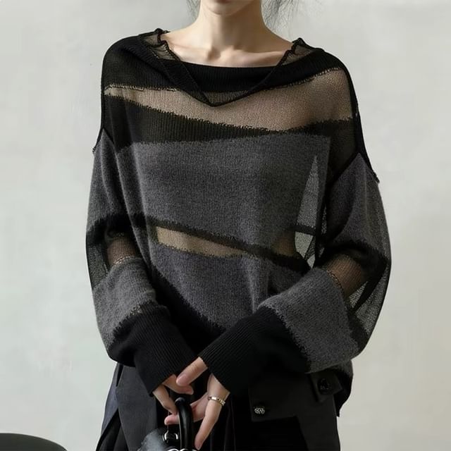 Beaustreet-Long Sleeve Cowl Neck Panel Sheer Knit Top