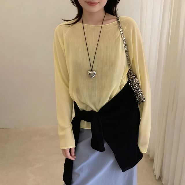 Beaustreet-Long-Sleeve Crew Neck Plain Sheer Knit Top