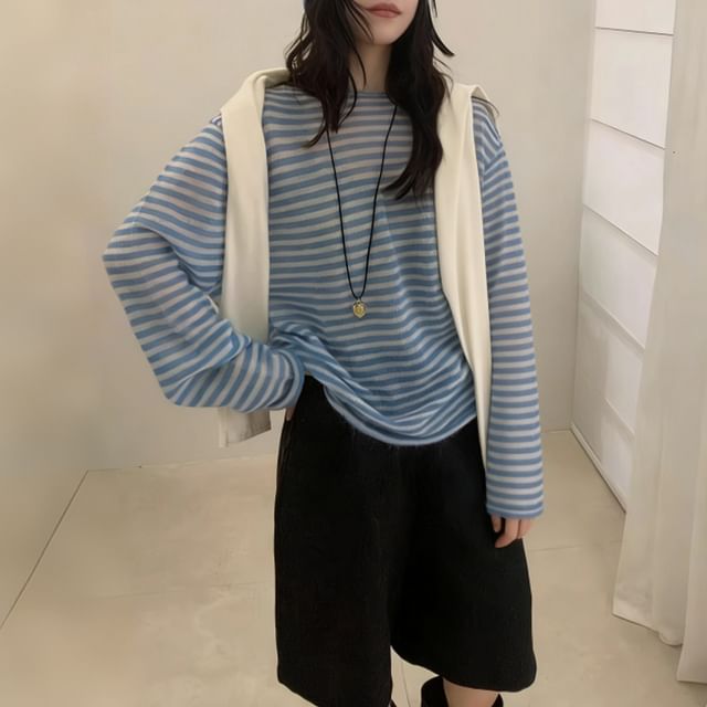 Beaustreet-Long-Sleeve Crew Neck Striped Knit Top