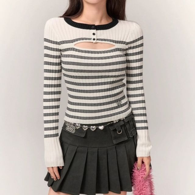 Beaustreet-Long-Sleeve Cutout Striped Knit Top