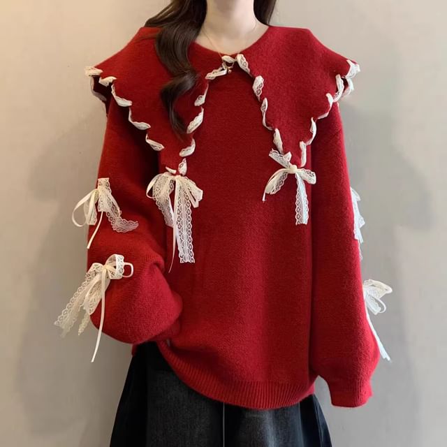 Beaustreet-Long-Sleeve Lace Trim Collared Sweater