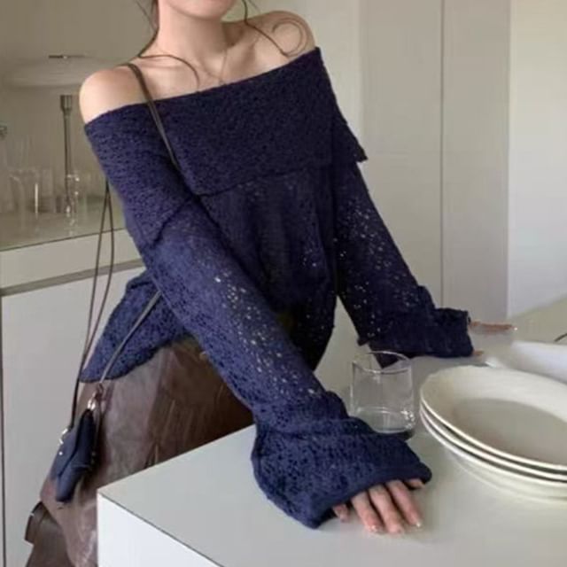 Beaustreet-Long-Sleeve Off Shoulder Plain Knit Top