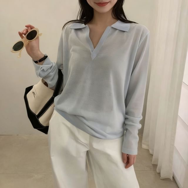 Beaustreet-Long-Sleeve Plain Knit Polo Top
