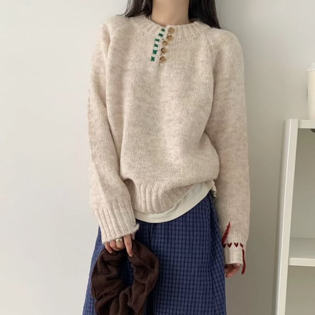 Beaustreet-Long-Sleeve Round Neck Plain Henley Sweater