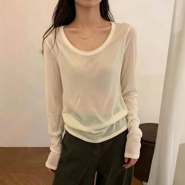Beaustreet-Long Sleeve Scoop Neck Plain T-Shirt
