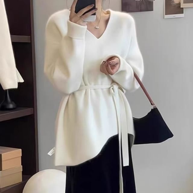 Beaustreet-Long-Sleeve V-Neck Asymmetrical Plain Knit Top