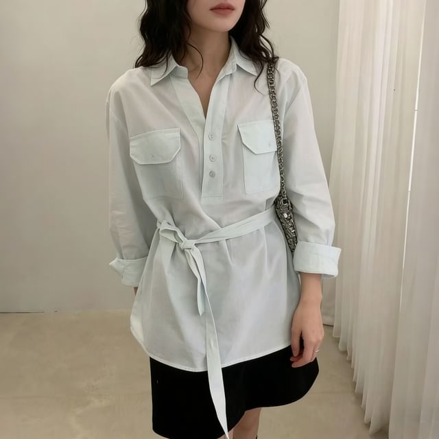 Beaustreet-Long-Sleeve V-Neck Collared Plain Tie Waist Blouse