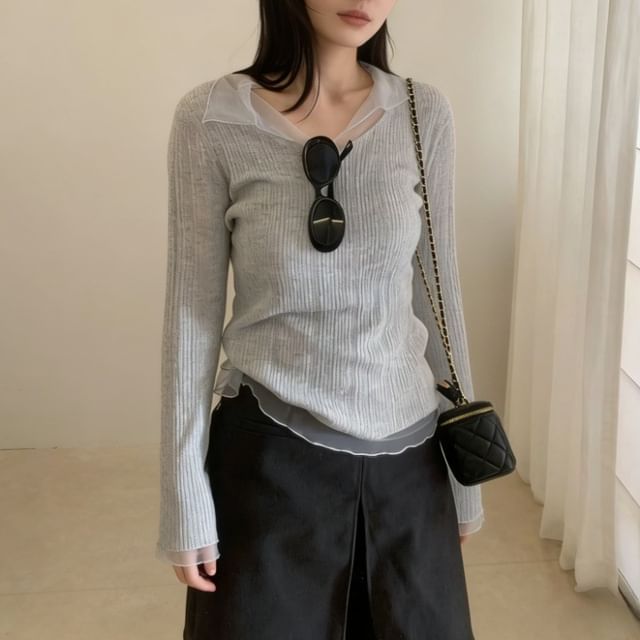 Beaustreet-Long-Sleeve V-Neck Mesh Ruffle Ribbed Knit Top