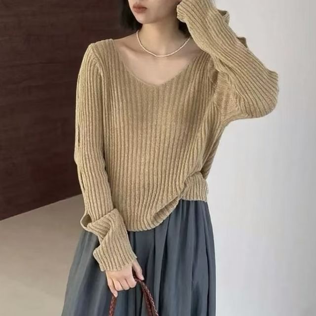 Beaustreet-Long Sleeve V-Neck Plain Cutout Ribbed Knit Top