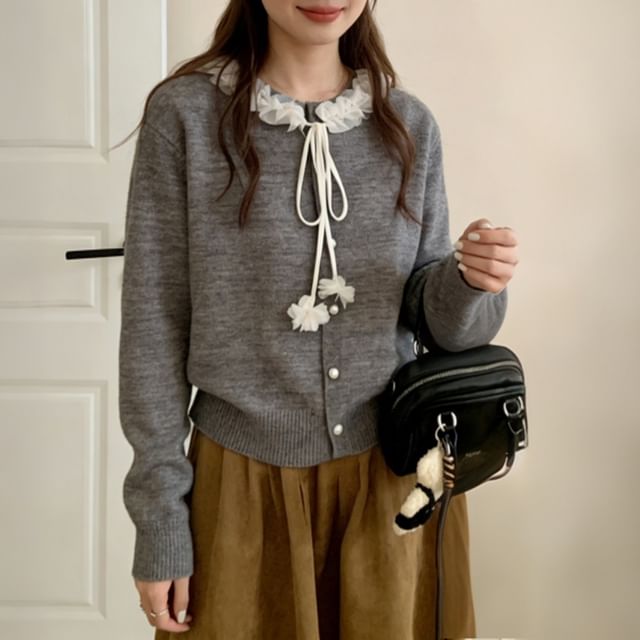 Beaustreet-Mesh Ruffle Faux Pearl Button-Up Cardigan