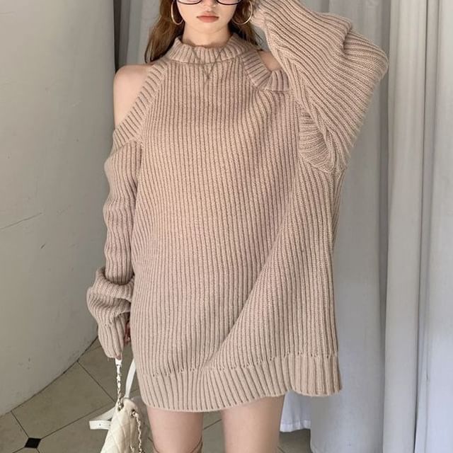 Beaustreet-Mock Neck Cold Shoulder Plain Sweater