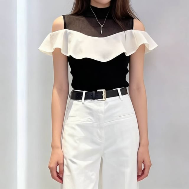 Beaustreet-Mock Neck Cold Shoulder Two Tone Ruffle Trim Knit Top