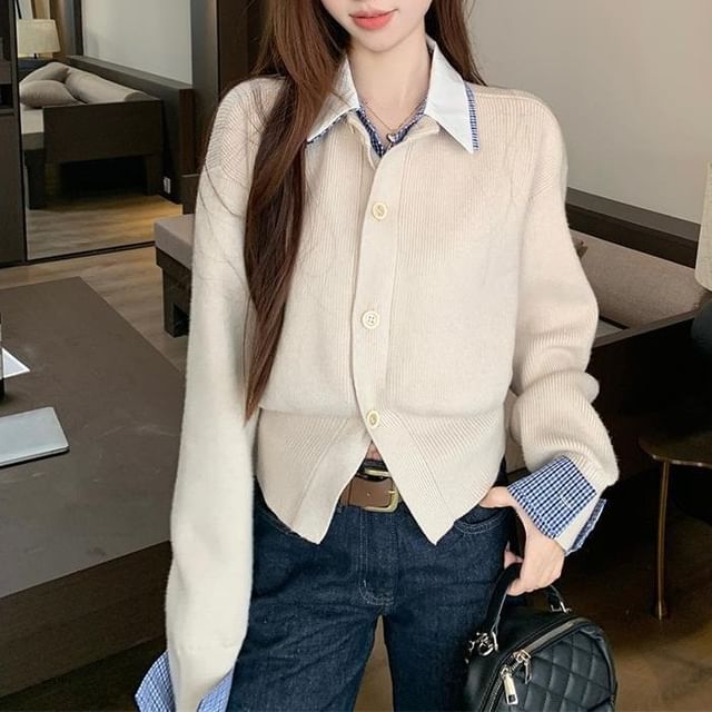 Beaustreet-Mock Two-Piece Collared Plaid Panel Button-Up Cardigan