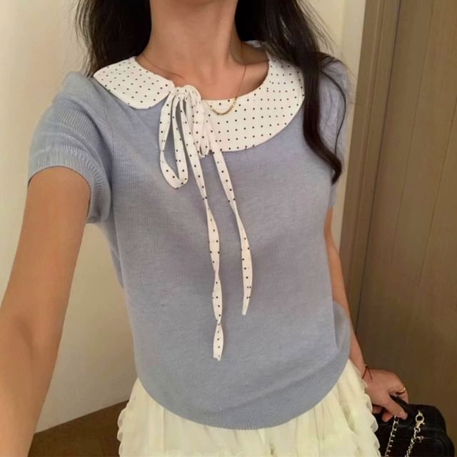 Beaustreet-Mock Two-Piece Short-Sleeve Dotted Panel Knit Top