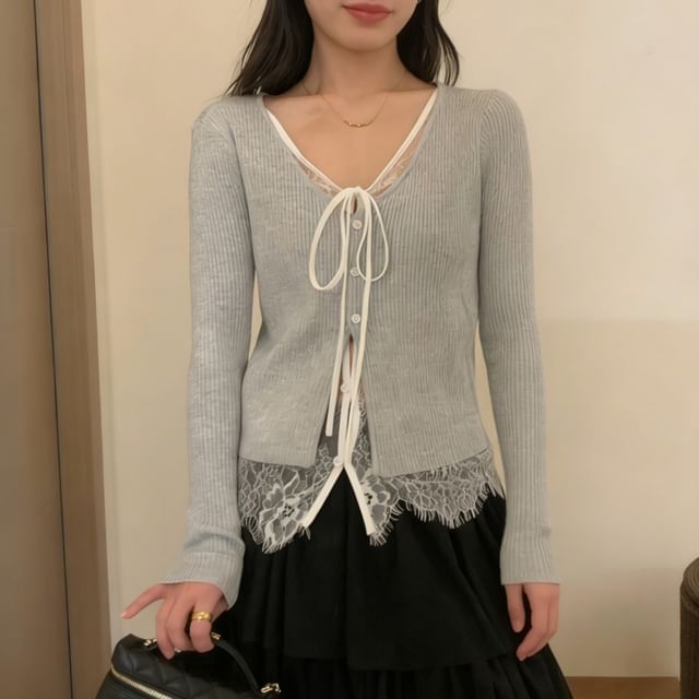 Beaustreet-Mock Two-Piece V-Neck Lace Panel Tie Front Button-Up Cardigan