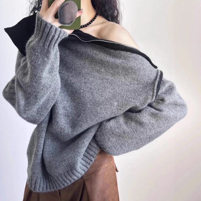 Beaustreet-Off Shoulder Asymmetrical Plain Sweater