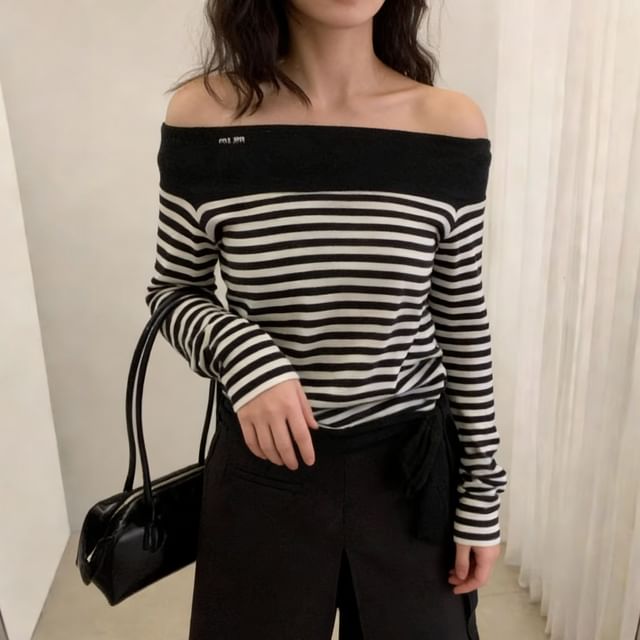 Beaustreet-Off-Shoulder Long-Sleeve Striped Knit Top