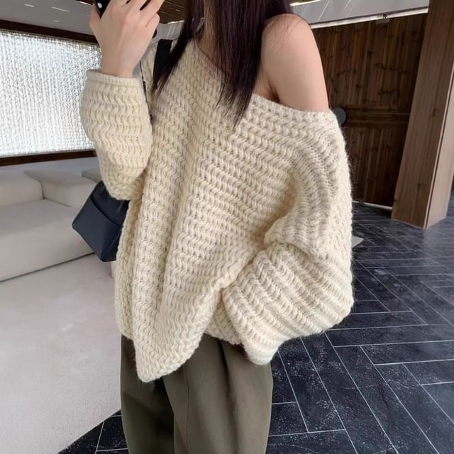 Beaustreet-Off Shoulder Plain Cable Knit Sweater