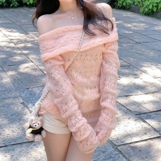 Beaustreet-Off Shoulder Plain Pointelle Sweater