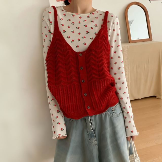 Beaustreet-Plain Button-Up Knit Camisole Top