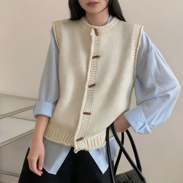 Beaustreet-Plain Button-Up Knit Sweater Vest