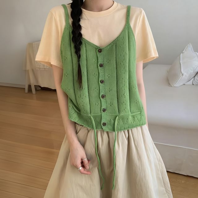Beaustreet-Plain Button-Up Pointelle Knit Camisole Top