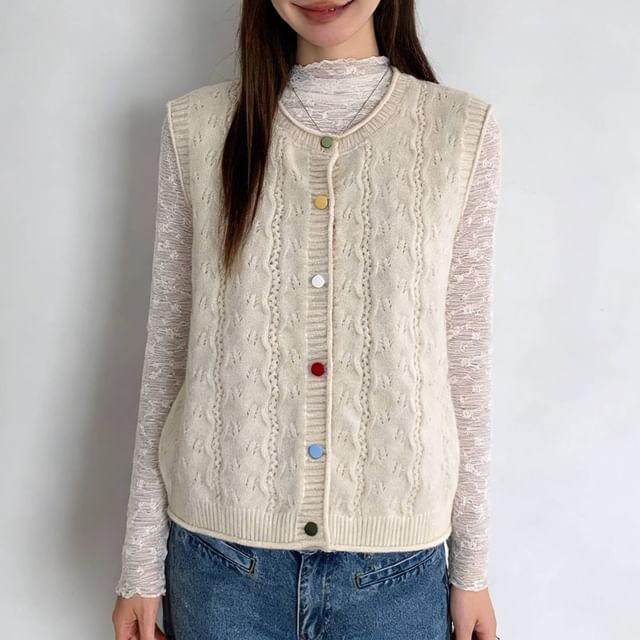 Beaustreet-Plain Button-Up Pointelle Knit Sweater Vest