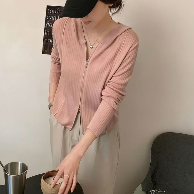 Beaustreet-Plain Hood Ribbed Zip Cardigan